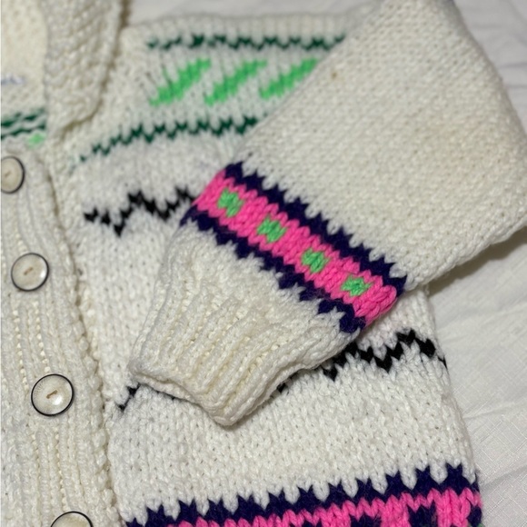 Vintage Cozy Knit Kids Sweater - Cream with Pink and Green Accents - Picture 5 of 9